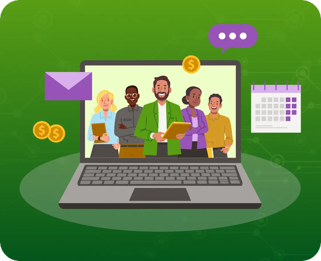 A payroll specialist and team on a laptop screen, with payslip, calendar and payment icons