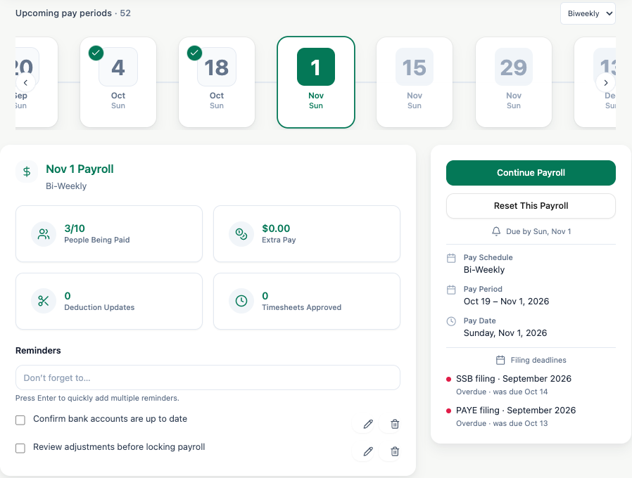 GitzHR upcoming pay periods with the Nov 1 payroll selected, people being paid, extra pay, deduction updates and reminders