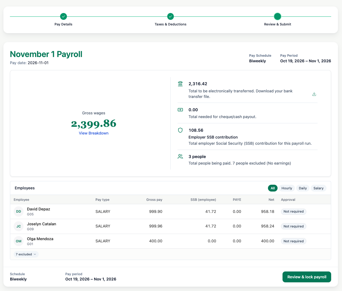 GitzHR payroll review step with gross wages, bank transfer total, employer SSB contribution and an employee table showing gross pay, SSB, PAYE and net pay